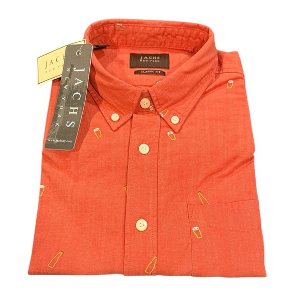 NWT Jachs Short Sleeve Red Orange Novelty Print Button Down Shirt Mens Medium - Picture 1 of 13